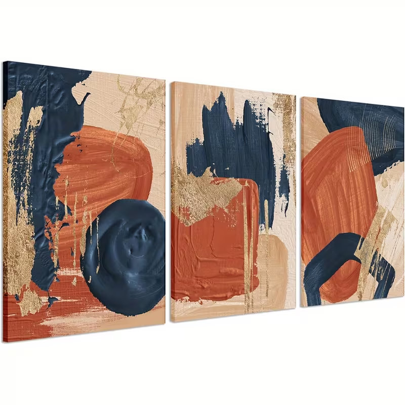 Art mural moderne abstrait en terre cuite bleu marine 3 pièces, impression giclée H 30 po x l 60 po - Décoration de salon