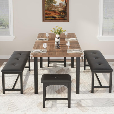 Dining Table Set for 6,Expandable Rectangular Kitchen Table with 2 Benches and 2 Stools,Industrial Wood Dining Room Set, Space-Saving Design