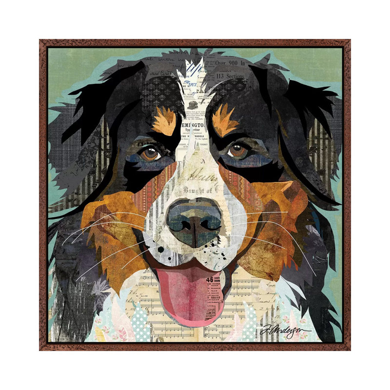Bernese Mountain Dog Collage by Traci Anderson - Painting on Canvas, Classic Brown Wood Framed