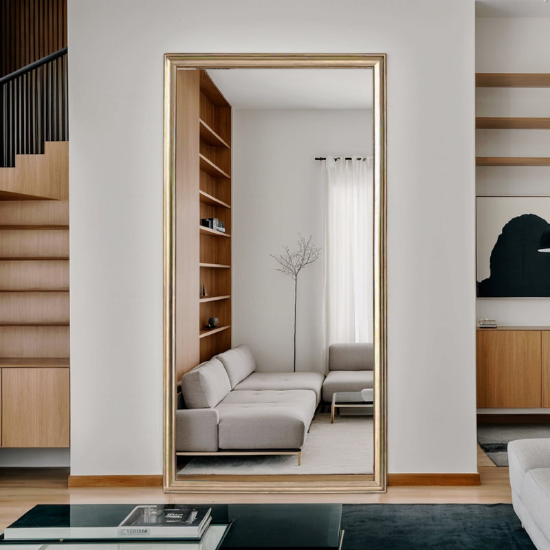 Miroir de plancher complet avec cadre en bois artificiel, conception élégante et durabilité