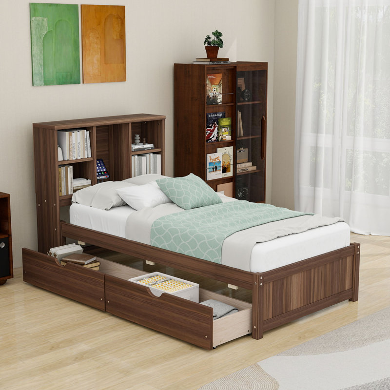 Lit en bois avec port de chargement USB et tiroirs, Noyer