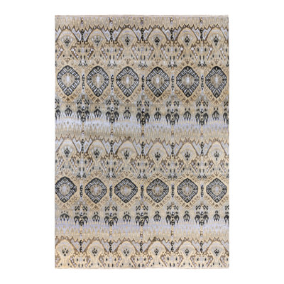 Tapis noué à la main de conception unique Ikat - ivoire, 8 pi 10 po x 12 pi 5 po
