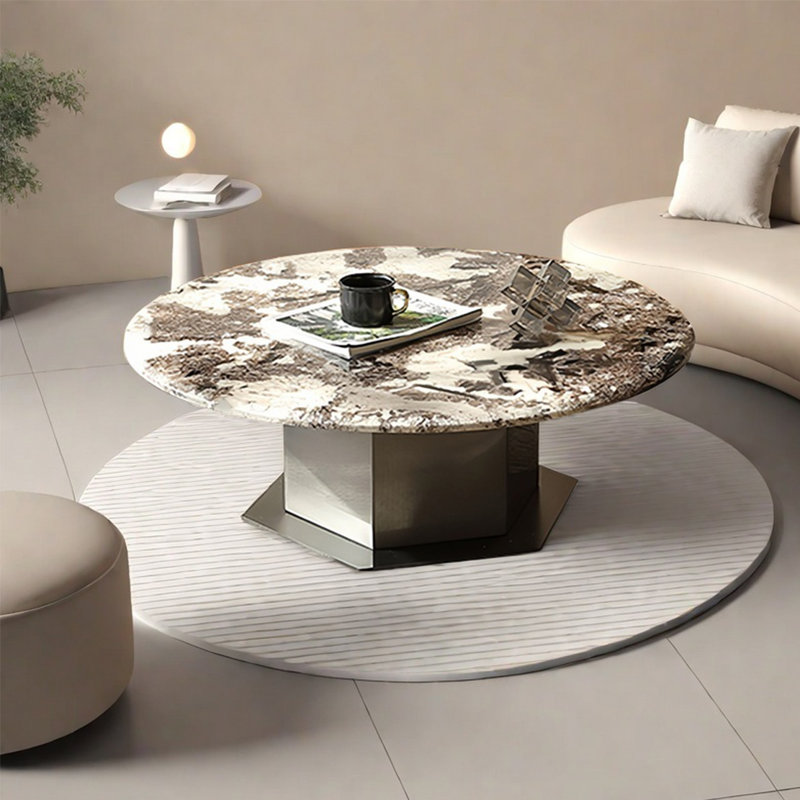 Table basse ronde en marbre clair, H 12,6 po x L 35,4 po x l 35,4 po