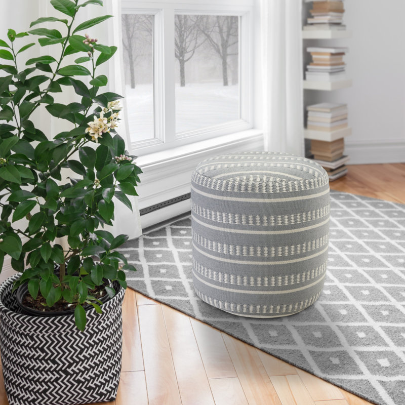 Lebo Coastal Striped Indoor/Outdoor Upholstered Pouf, Powder Blue/White