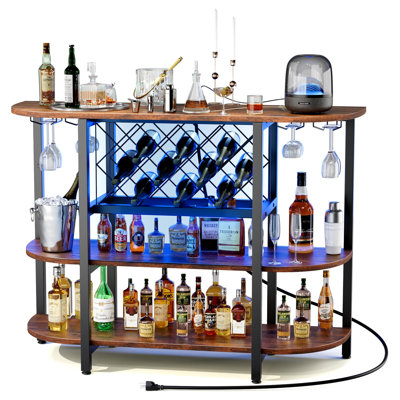 Bar Cabinet with Power Outlet & LED Lights, 47" Industrial Wine Cabinet with Glass Holder & Open Storage Shelves, 4-Tier Liquor Storage Home Coffee Bar for Living Room, Kitchen, Brown