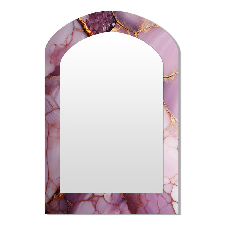Pink and gold Marble river II - Abstract Asymmetrical Mirror, Gold Arch Decorative Wall Mirror, Printed Metal Art