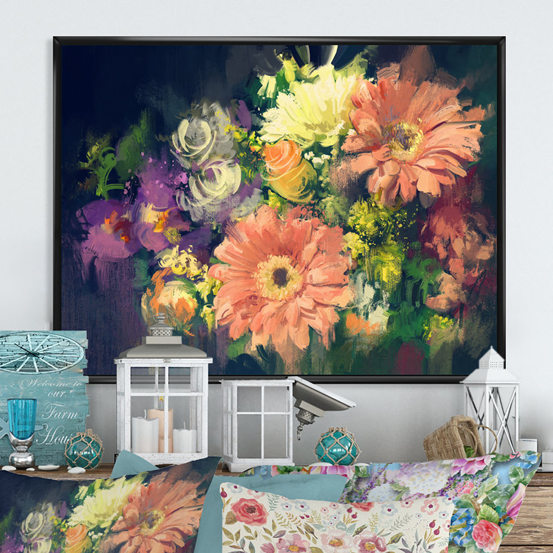 «Grunge Pastel Bouquet Of Flowers», reproduction sur toile, H 12 po x l 20 po x P 1 po, Cadre flottant noir
