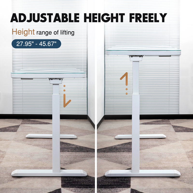 White Adjustable Height Standing Desk with Glass Top and Drawer