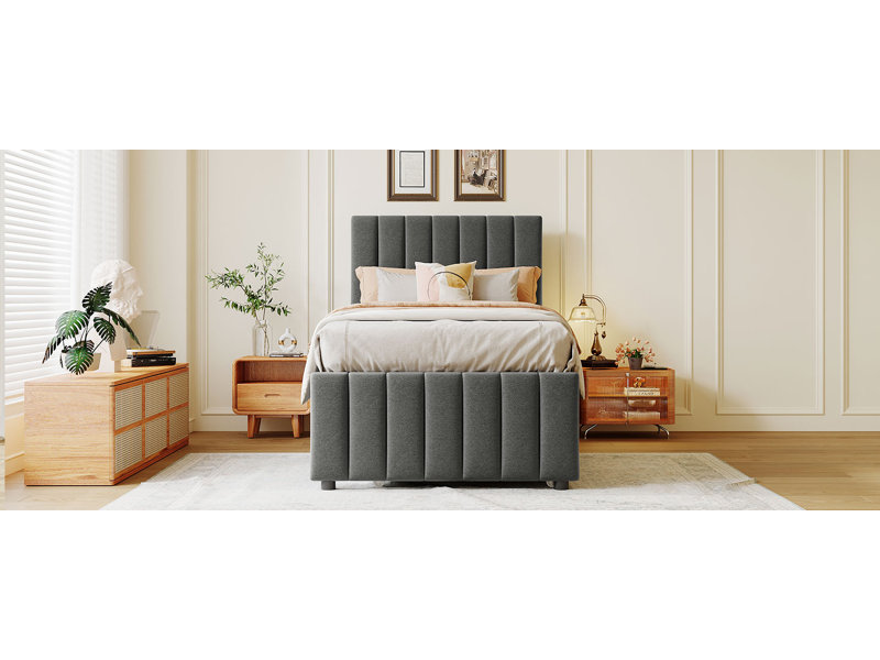 Lit plateforme tapissier simple avec lit gigogne et 3 tiroirs, tissu en lin, Gris