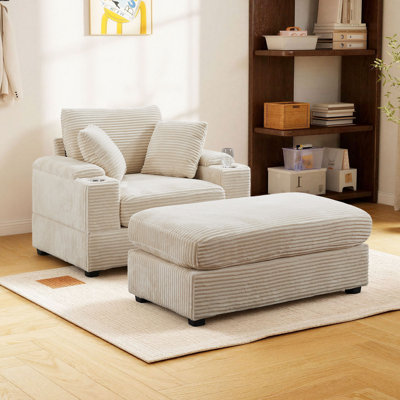 Corduroy Upholstered Chaise Lounge Chair with Movable Ottoman, Cup Holders & Armrest Storage — Deep Seat Single Sofa for Living Room, Bedroom & Office