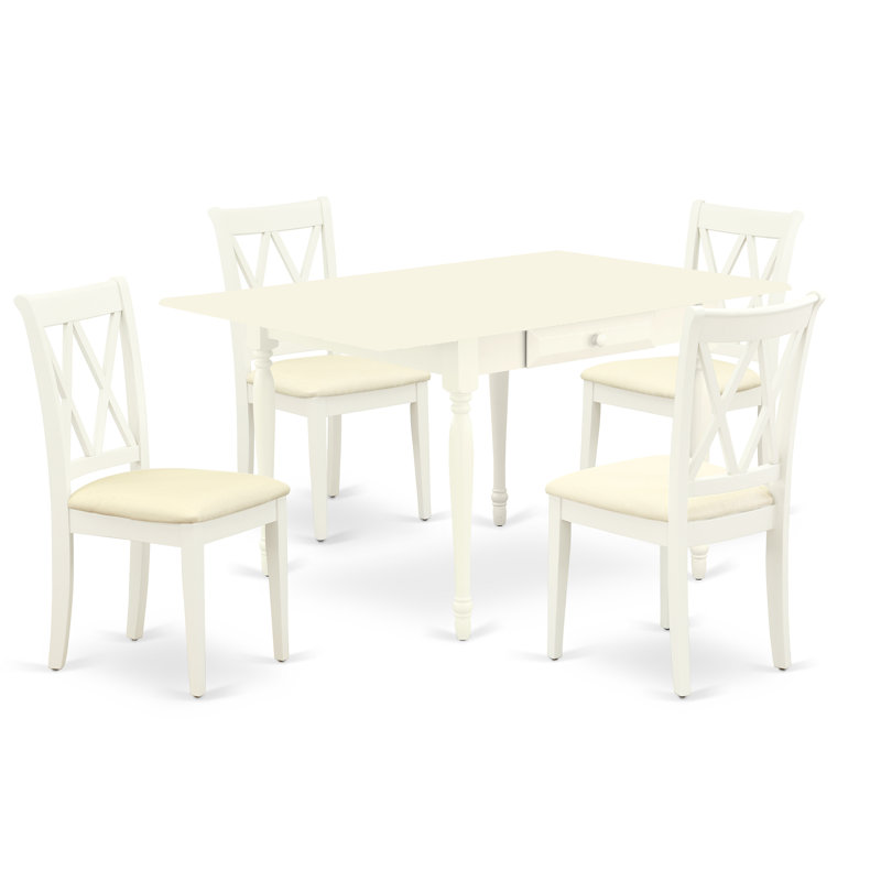 5 Piece Kitchen Table Set for 4 Includes a Rectangle Dining Room Table with Dropleaf and 4 Linen Fabric Dining Chairs, Linen White