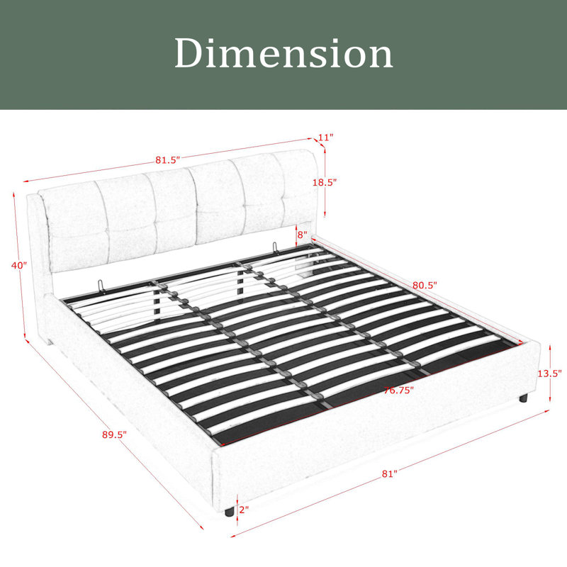 Lit plateforme tapissier avec rangement et tête de lit hydraulique en tissu chenille
