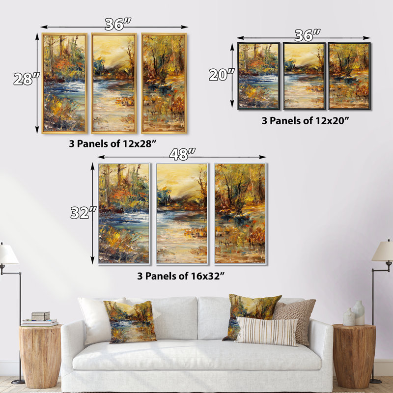 «Stream In Forest», peinture à l'huile sur cadre flottant 3 pièces, H 28 po x l 36 po, Noir, noir, noir, noir