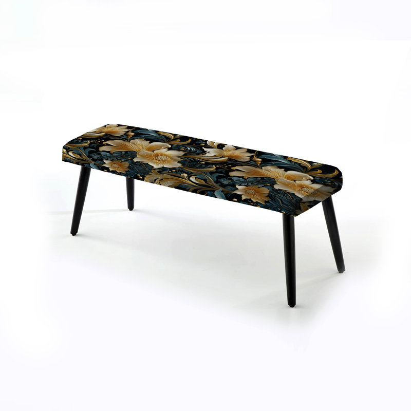 Deep Black Silver Elegance I - Glam Upholstered Black Bench, Gold And Teal Royal Flower Gardens