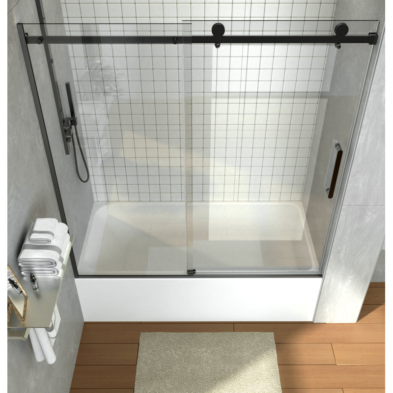 59'' - W x 60'' H Single Added Door Frameless Tub Door with, Black
