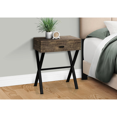 Modern Nightstand With Brown Laminate Exterior And Black Metal Legs For Living Area Side Table Details Storage Option Room Use