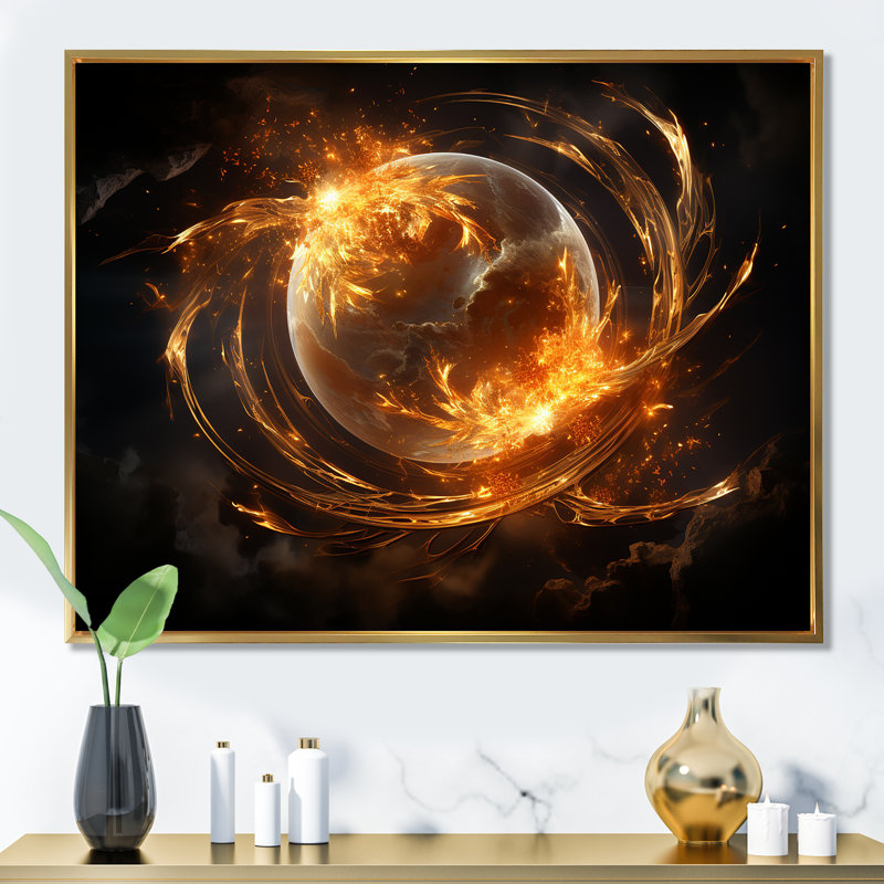 Verre de feu saturn planète I - art mural espace planète, Cadre flottant doré, H 34 po x l 44 po x P 1,5 po