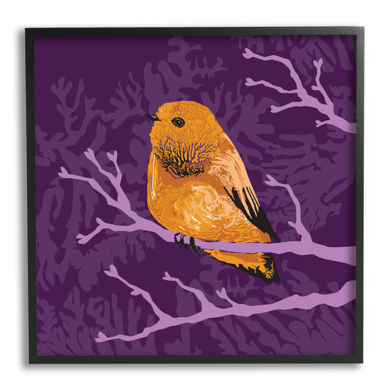 «Bold Orange Bird Sitting Purple Branches Layered Botanicals» par Verbrugge WaterColoured - cadre flottant impression sur toile