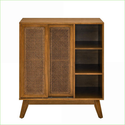 Sideboard, Mid Century Modern Rattan Cabinet with Adjustable Shelves | Light Wood | MDF &amp; Solid Wood Feet