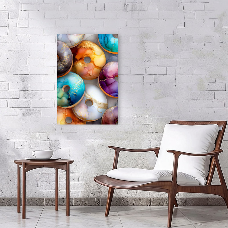 «Vibrant Golden Donuts», art mural contemporain abstrait coloré, H 36 po x l 24 po