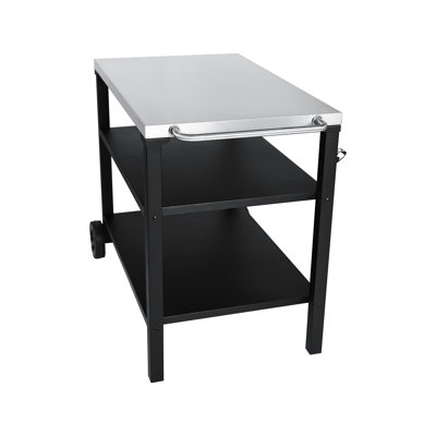Chariot de barbecue extérieur à 3 niveaux avec plateau en acier inoxydable, table de préparation mobile sur roulettes, barre de service pour le patio et la cour arrière, support de four à pizza noir, rouille, rangement spacieux, mobilité facile, facilité de déplacement