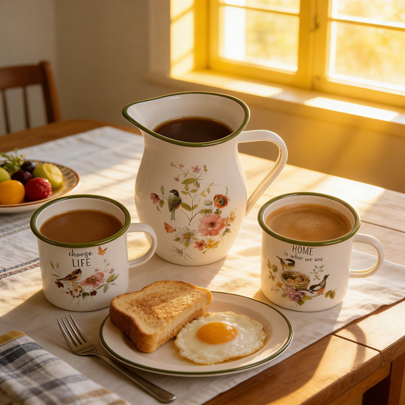 Vintage Floral Enamelware Coffee Mug Set with Pitcher, Bird and Botanical Print Farmhouse Kitchen Drinkware, Farmhouse Serving Set for Home or Outdoor, 3-Piece (2 Mugs + 1 Pitcher)