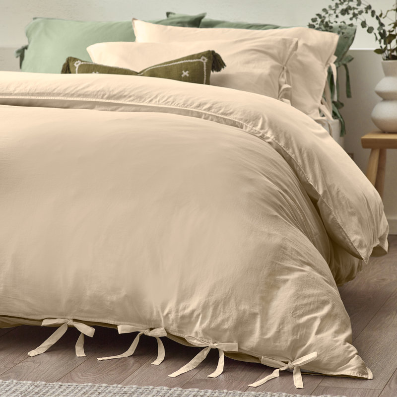Thatcham Cotton Solid Colour Duvet Cover Set with Pillowcases, UK Double + 2 Standard Pillowcase, Beige