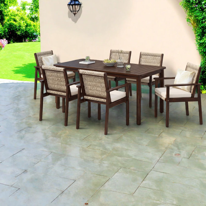 Spacieux ensembles de salle à manger de patio en bois d'acacia rustique 7 pièces pour recevoir