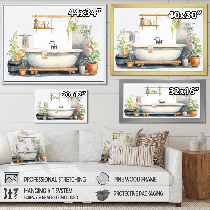 «Natural Bathroom Decor V», reproduction sur toile, H 24 po x l 32 po x P 1 po, Cadre flottant doré