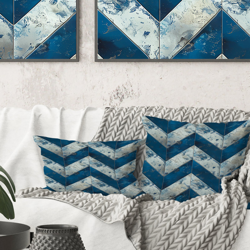 Coussin bleu Midcentury Chevron VII - Midcentury, H 16 po x l 16 po