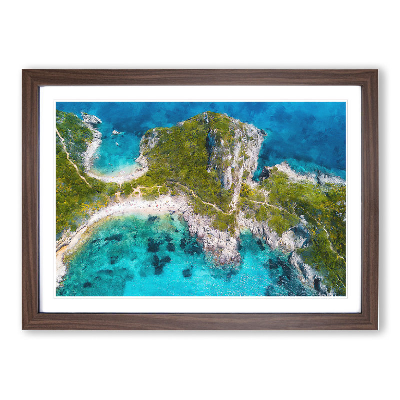 Island Paradise in Corfu Greece - Picture Frame Painting on MDF, 27cm H x 36cm W x 2cm D, Walnut