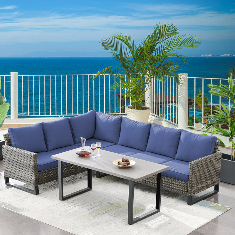 Nazime Wicker 6 - Person Patio Conversation Set with Cushions, Blue