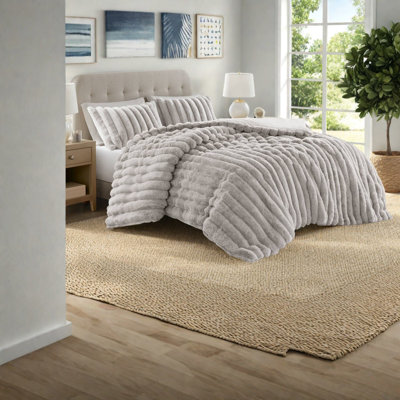 Ensembles de literie très luxueux en fausse fourrure de très grande taille, édredon gris clair avec texture nervurée