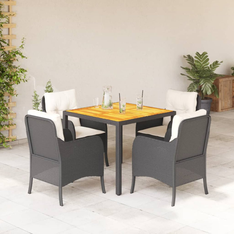  Ensemble de salle à manger de jardin 4 places en rotin de polyester noir et blanc crème, Blanc, crème, Noir