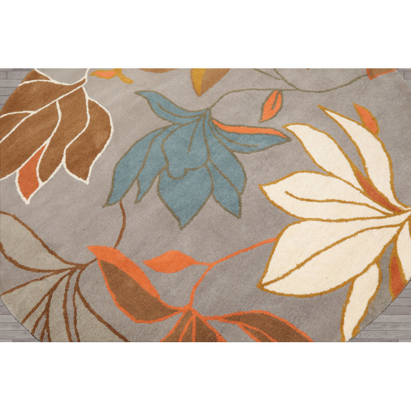 Multi Sized Gray Floral Wool Hand Tufted Contemporary Oriental Area Rug, Round 6'