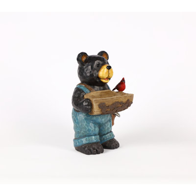 Bear Holds Bird Bath with Cardinal Statue