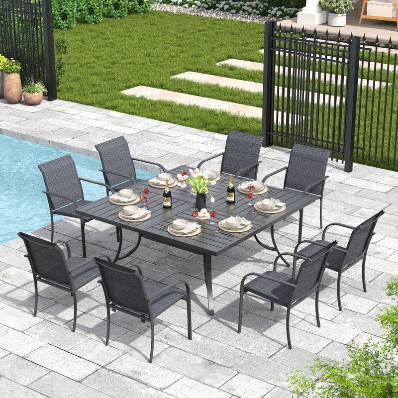 8-Person Square Outdoor Patio Dining Set With Stackable Chairs, Grey/Black/Black