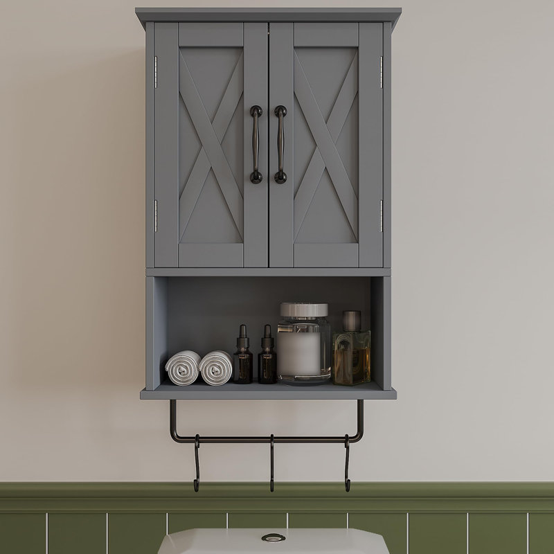 Armoire à pharmacie, armoire murale de salle de bain avec tablette réglable, barre à serviettes, 3 crochets, armoire de rangement au-dessus de la toilette