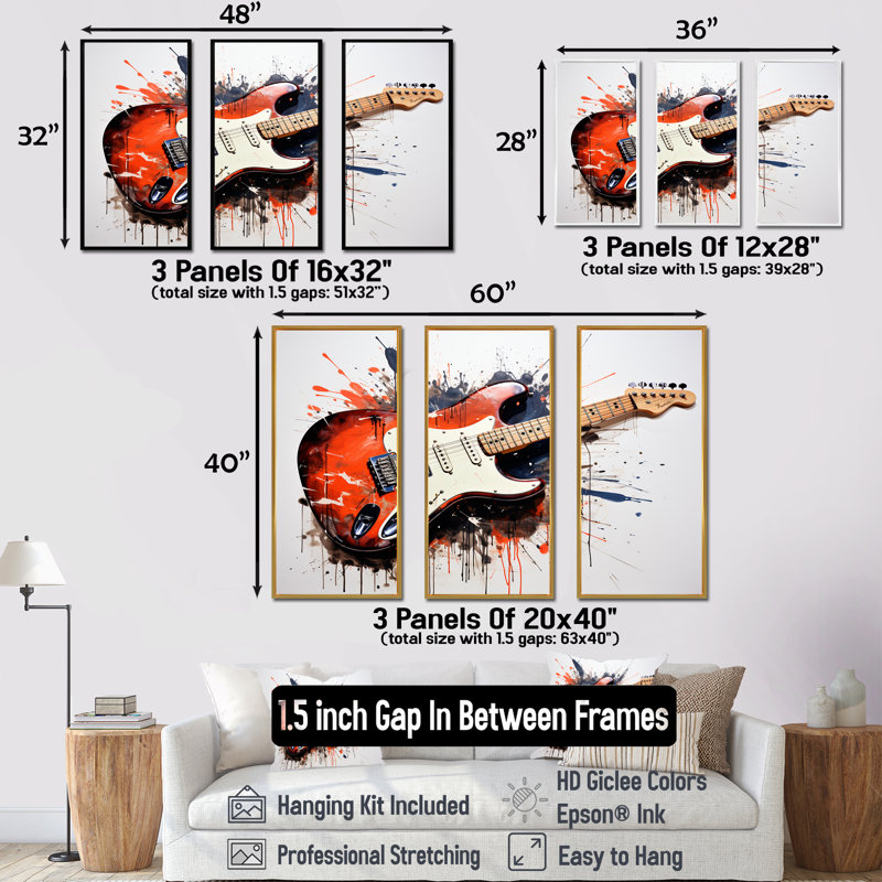 «Red Fluid Brown», guitare, art mural, Cadre flottant doré, H 28 po x l 36 po