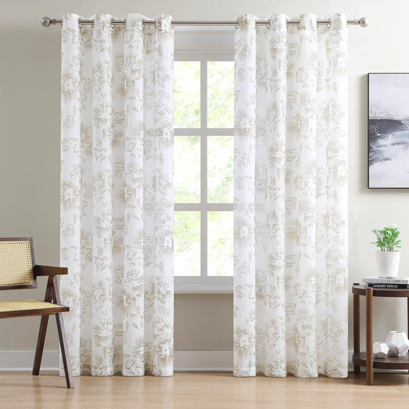 Sheer Floral Farmhouse Curtains. Embroidered, Textured Flower Pattern Curtains For French, Country Or Floral Decor., Linen