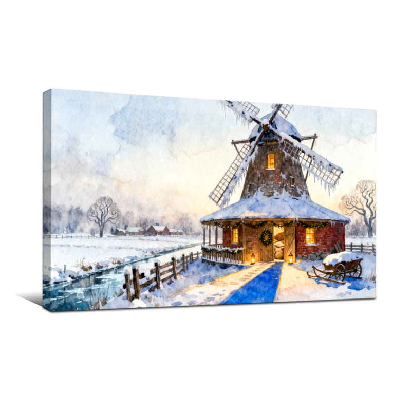 Noël, hiver, moulin à vent, paysage enneigé, chalet, H 24 po x l 48 po
