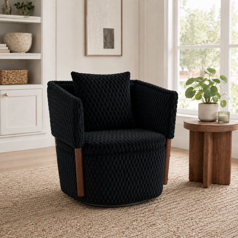 Fauteuil demi-tonneau pivotant de 25,6 po de largeur avec rangement caché et coussin lombaire, Noir