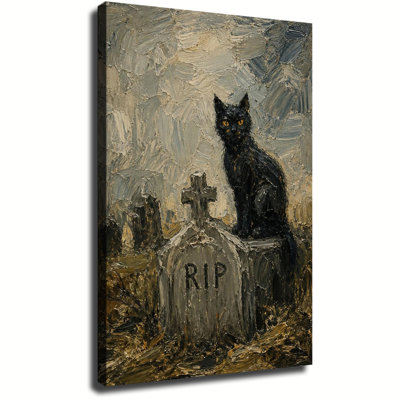 Chat noir sur une pierre tombale déchirée dans un cimetière, peinture à l'huile impressionniste vintage sur toile, art mural d'Halloween