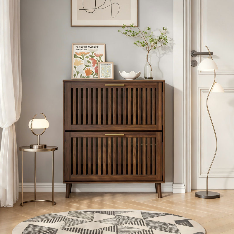 31.5” Shoe Storage Cabinet With Louvered 2 Flip Drawers, Narrow Shoe Cabinet Storage For Entryway, Freestanding Shoe Organizer Cabinet With Golden Handles, Slim Shoe Rack Cabinet (Natural Wood)