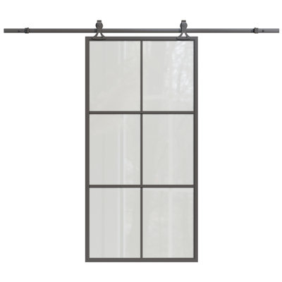 Porte de grange coulissante moderne en métal et verre dépoli à 6 carreaux, 42 po x 84 po, avec trousse de quincaillerie d'installation