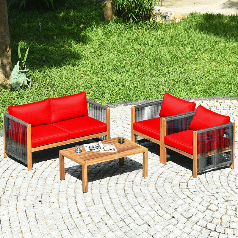 Menges Outdoor Patio 4 Pieces Acacia Wood Sofa Set with Cushions, Red