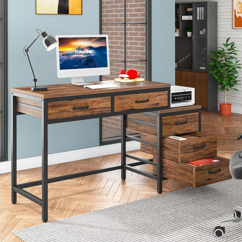 Bureau d'ordinateur réversible de 51 pouces avec 5 tiroirs et classeur, bureau à domicile rustique avec support pour imprimante, table d'écriture industrielle pour petits espaces