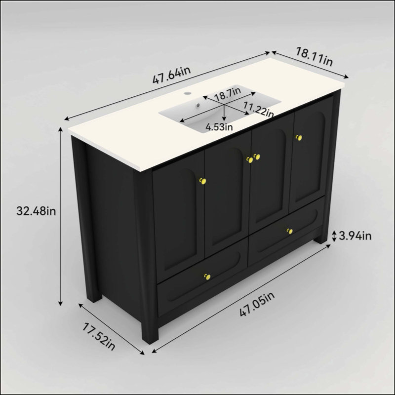 Meuble-lavabo pour salle de bain avec lavabo en résine, armoire de rangement abondante - 4 portes à fermeture douce et 2 tiroirs