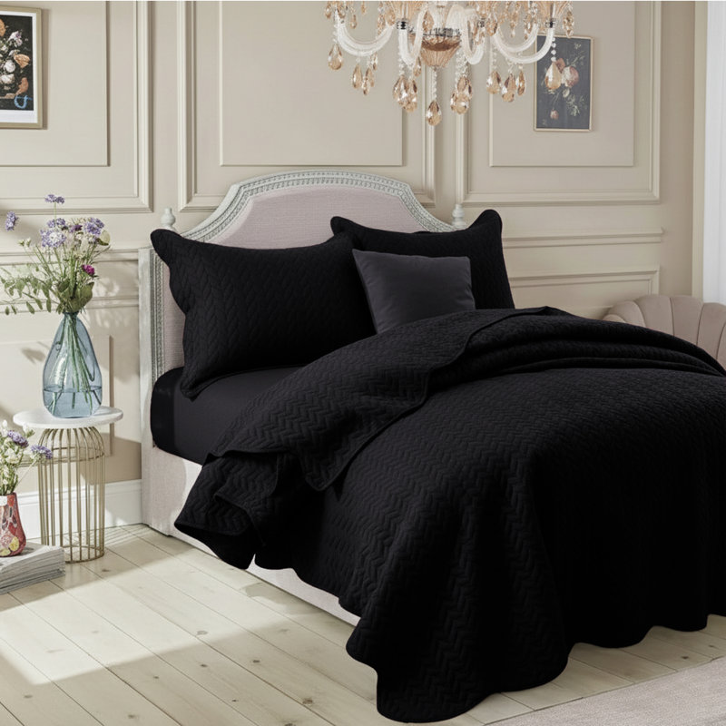Modern & Contemporary Embossed Microfiber Queen Bedspread Set, Black