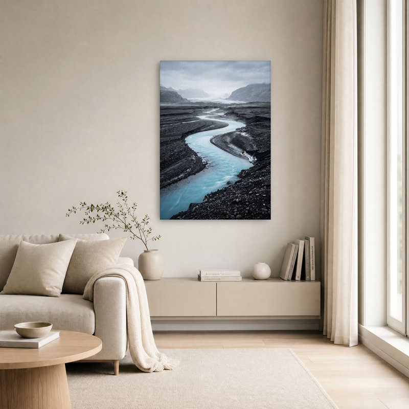 «Winding Turquoise River in Dark Rocky Landscape», art mural, H 18 po x l 12 po